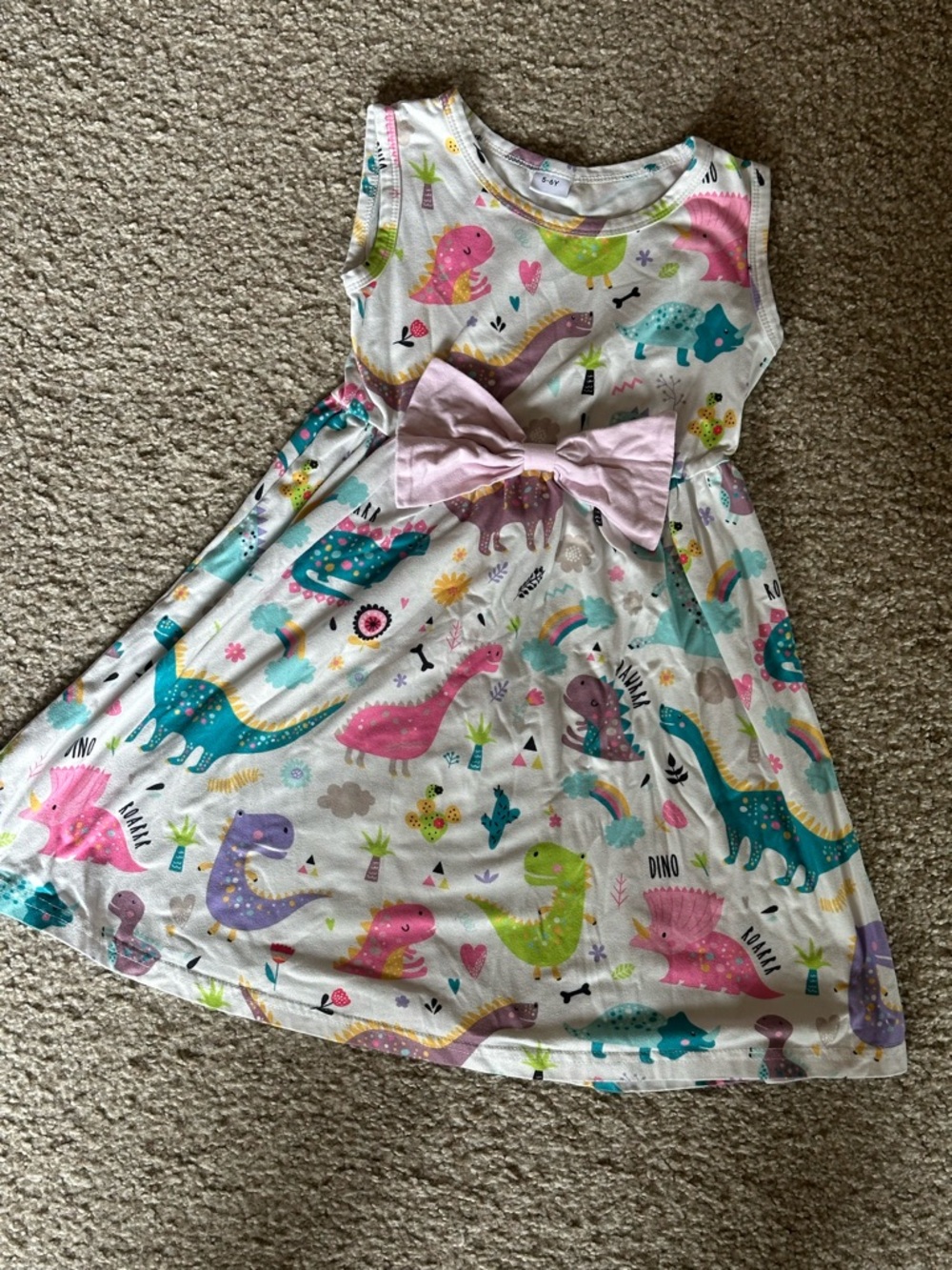 Girls White Dino Print Dress with Pink Bow